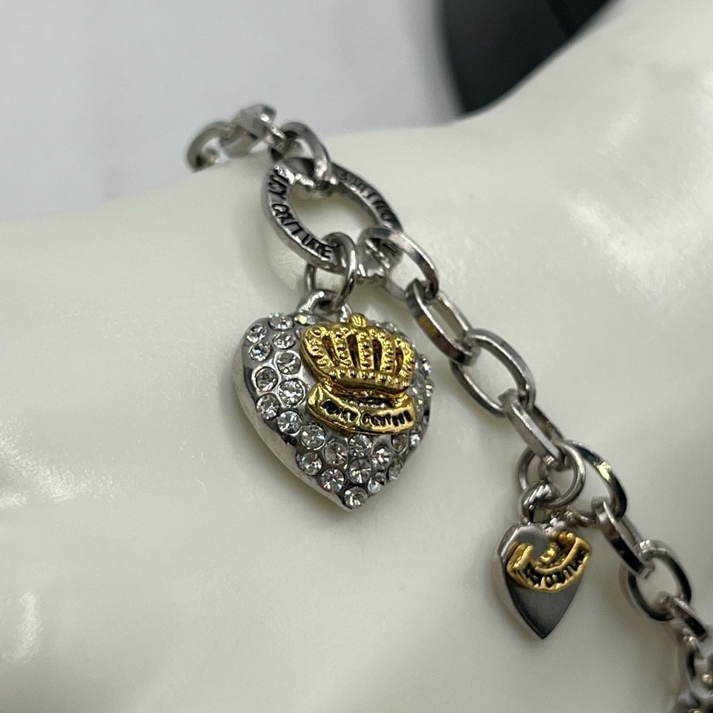 Juicy Couture‎ Chain Bracelet Pave Crystal Silver Gold Tone Puff Heart Charms - Picture 2 of 16